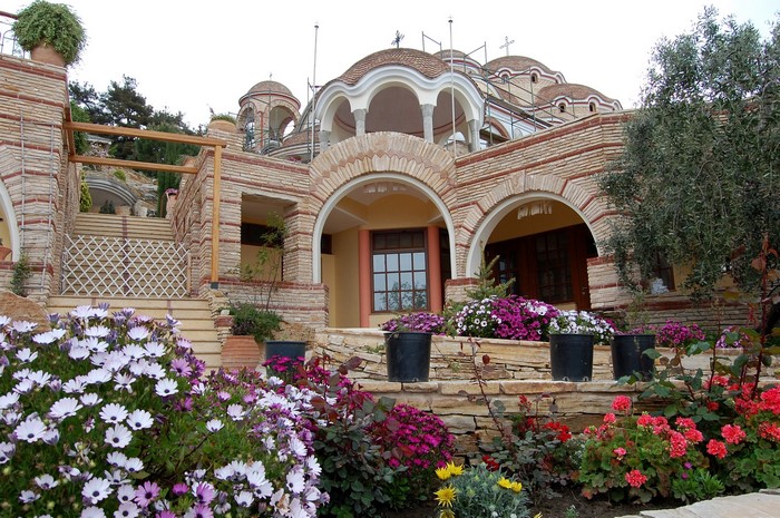 Orthodox Monastery with Flower Garden in Greece
