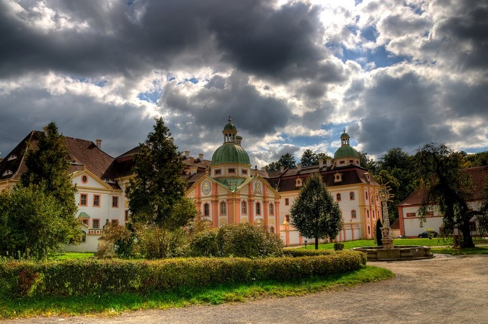 Monastery building with green domes in Germany