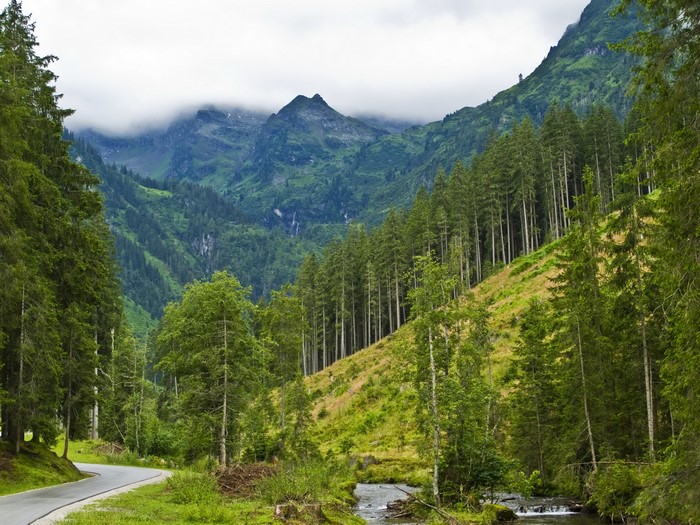 Mountain valley with a winding road and a stream