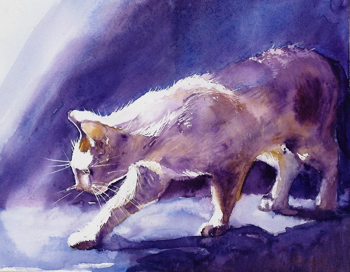 Watercolor painting of a cat in purple light