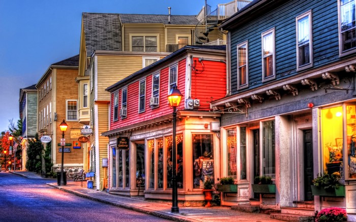 Street scene in Marblehead, USA at dusk