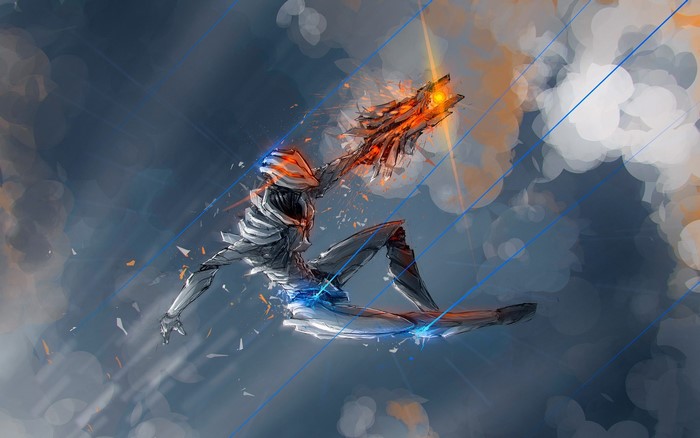 Fantasy character with glowing weapon in abstract sky