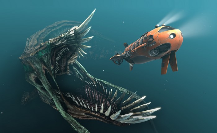 Giant sea monster attacks a submarine