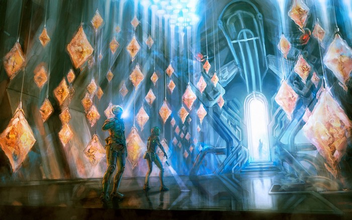 Two figures in a hall with glowing crystals