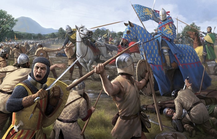 Medieval battle scene with knights on horseback and foot soldiers