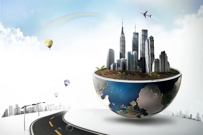 Creative Cityscape on Earth Globe with Hot Air Balloons