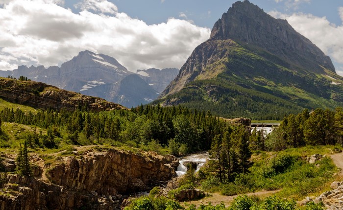 Mountain Range with Forest and Waterfall