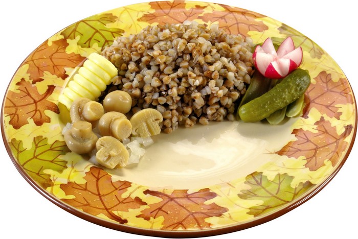 Buckwheat with mushrooms, pickles, butter, and radish