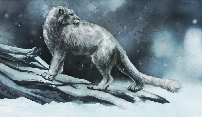 Painting of a white lion in a snowy landscape