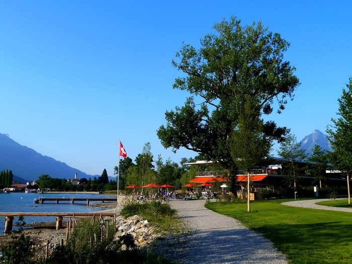 Swiss flag by a lake with mountains and a building