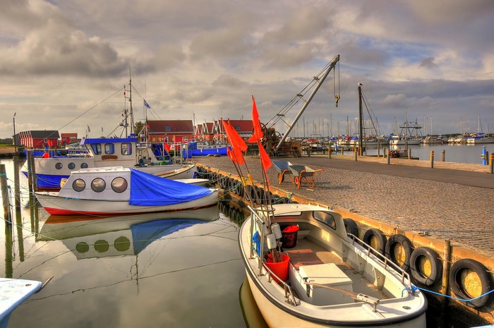 Boats docked in a harbor with buildings and a crane