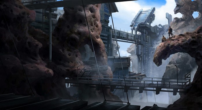 Futuristic industrial complex built into rocky cliffs
