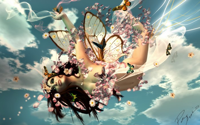 Fairy with butterflies and flowers falling from the sky