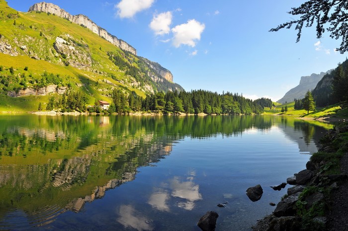 Lake in Switzerland with Mountain Reflection