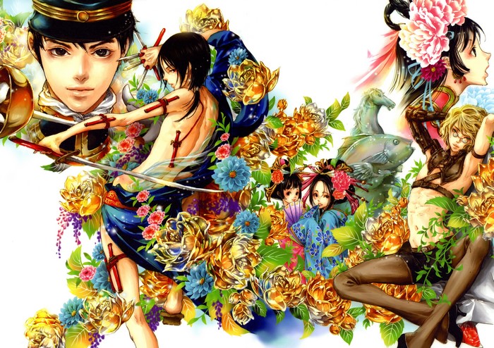 4K Anime Art with Multiple Characters and Flowers