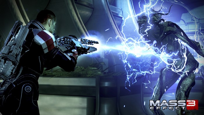 Commander Shepard fighting a Krogan in Mass Effect 3