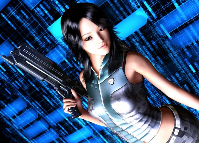Woman holding a futuristic pistol