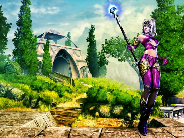 Female warrior with staff in front of elven building