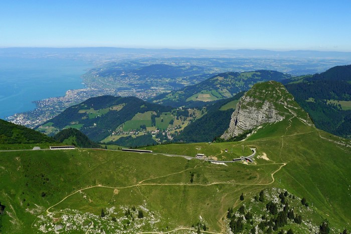 Panoramic view of Swiss Alps and Lake Geneva