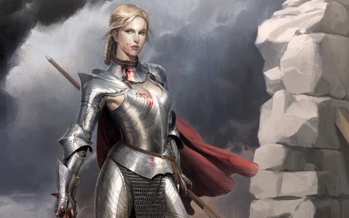 Warrior woman in armor with blood stains