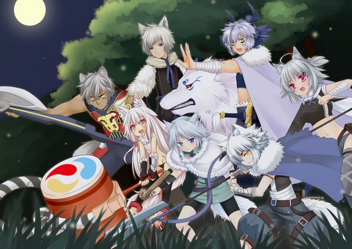 Anime wolf-like characters with weapons in a forest