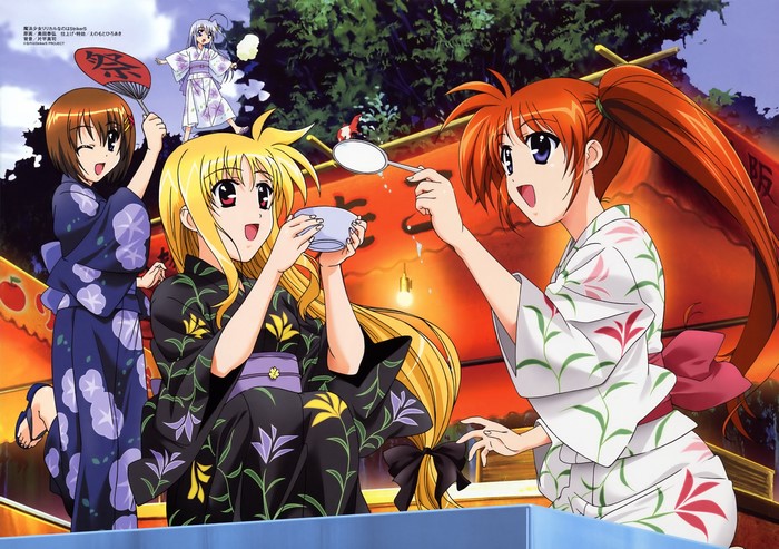 4K Mahou Shoujo Lyrical Nanoha characters in yukatas