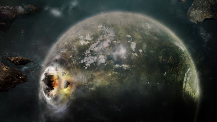 Planet being hit by asteroids in space