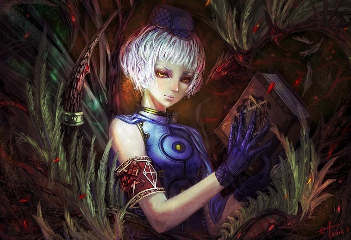 Girl with white hair and magic book
