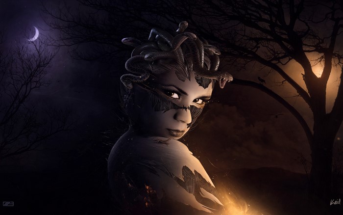 Medusa with snakes in hair in a dark forest