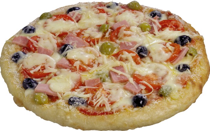 Pizza with ham, tomatoes, olives, and cheese