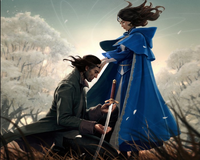 Man kneeling before woman with sword