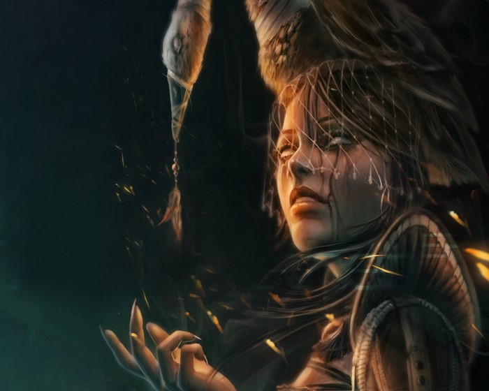 Woman with bird and feathers