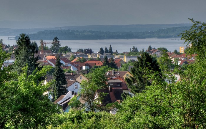View of a German town with a lake in the background
