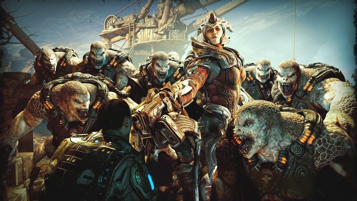 Gears of War characters in a battle scene