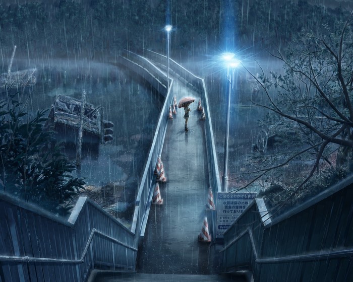 Girl with umbrella on a rainy bridge