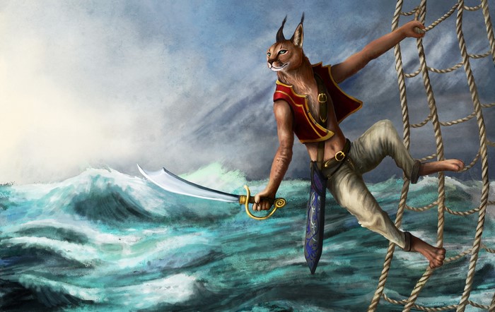 Caracal pirate climbing ship rigging over stormy sea