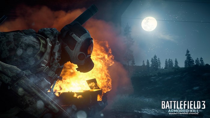 Soldier in gas mask near burning vehicle in Battlefield 3
