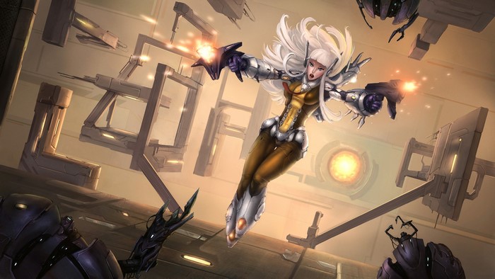 Woman with white hair firing guns in a futuristic battle