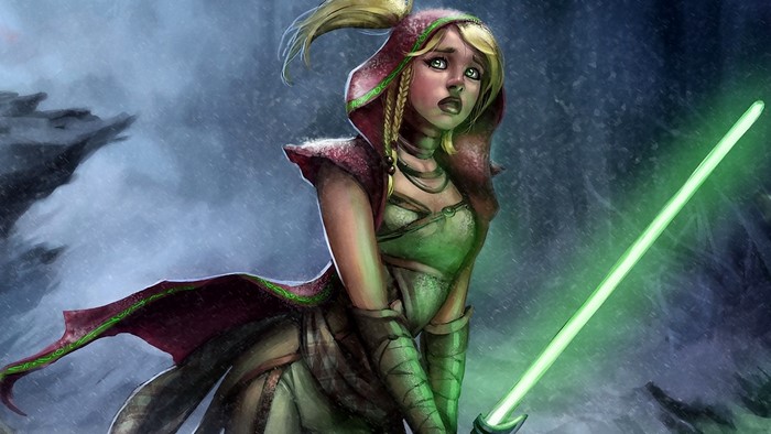 Young woman with a lightsaber in a snowy forest
