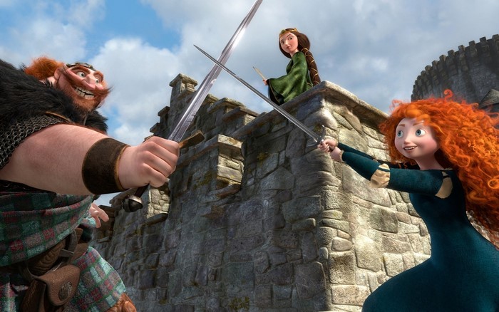 Merida and her father fight with swords