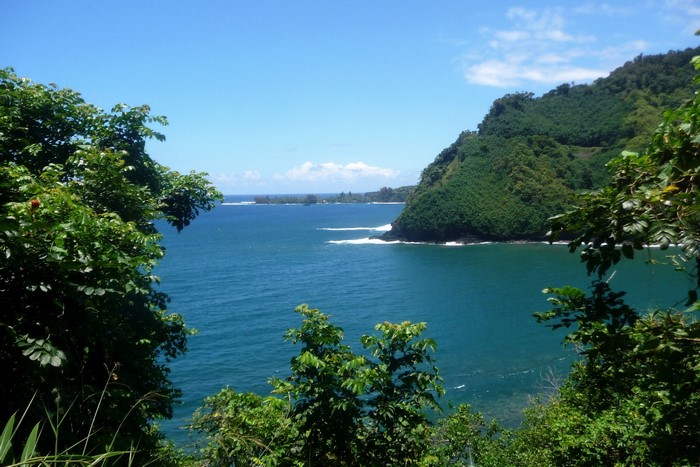 Ocean bay with green hills and trees