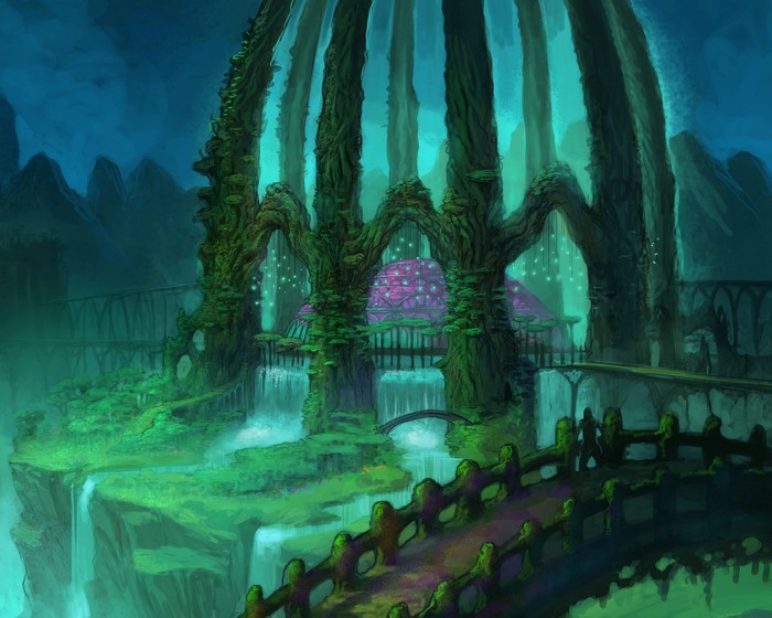 Fantastic world with overgrown architecture and waterfalls