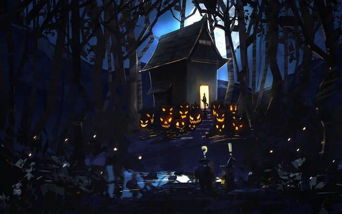 Halloween night with pumpkins and a haunted house