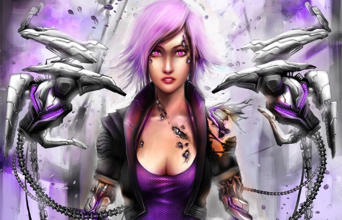 Cybernetic woman with purple hair and mechanical arms