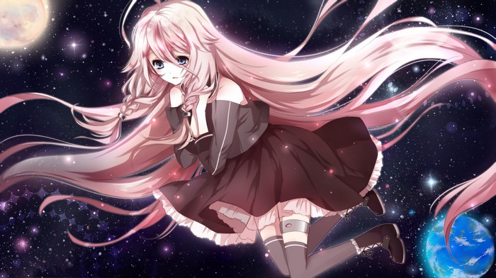 Luka Megurine floating in space with planets