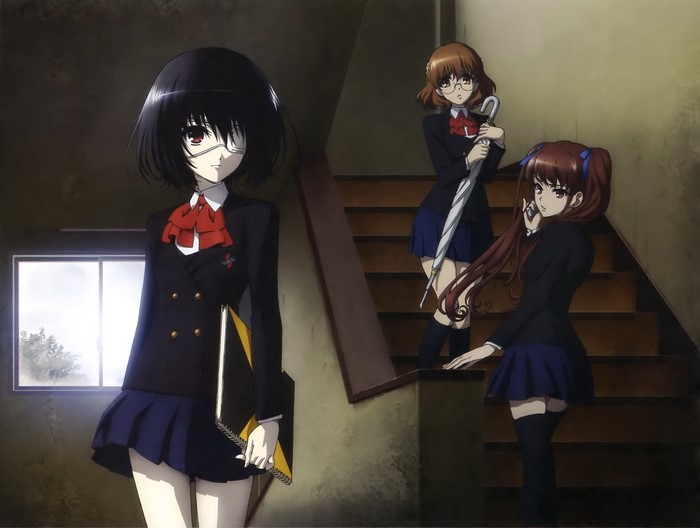Three schoolgirls on stairs in Another