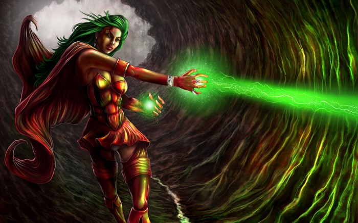 Woman with green hair casting green magic