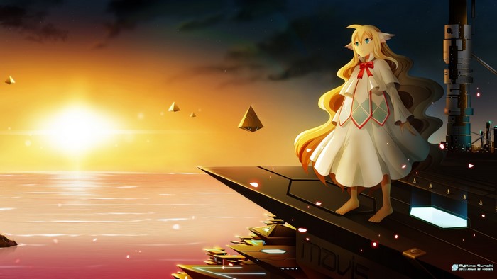 Lucy Heartfilia from Fairy Tail on a futuristic ship at sunset