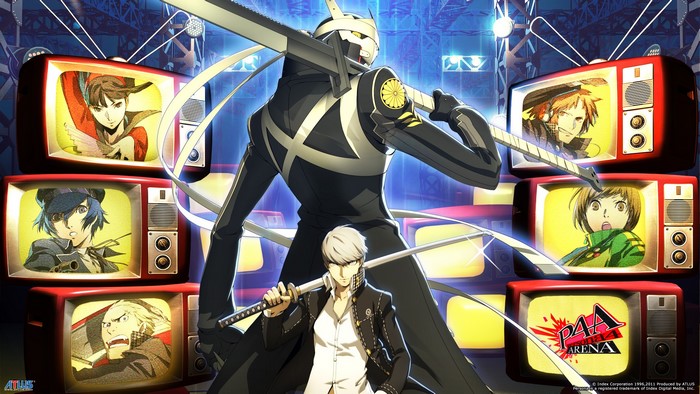 Persona 4 Arena characters on televisions
