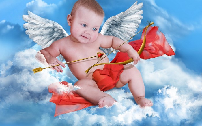 Cupid baby with bow and arrow on clouds